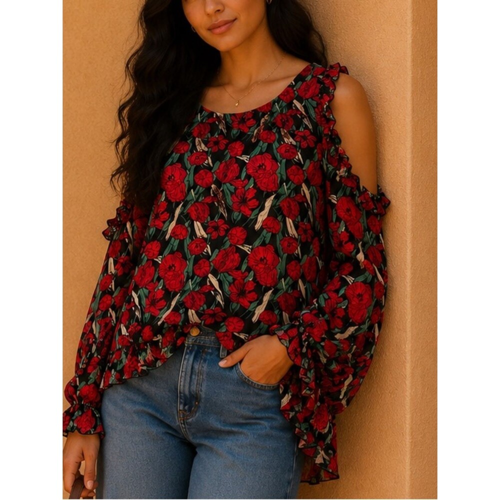 Krazy Kat Floral Cold Shoulder Blouse Women’s Medium Red Black Ruffle Sleeve Top